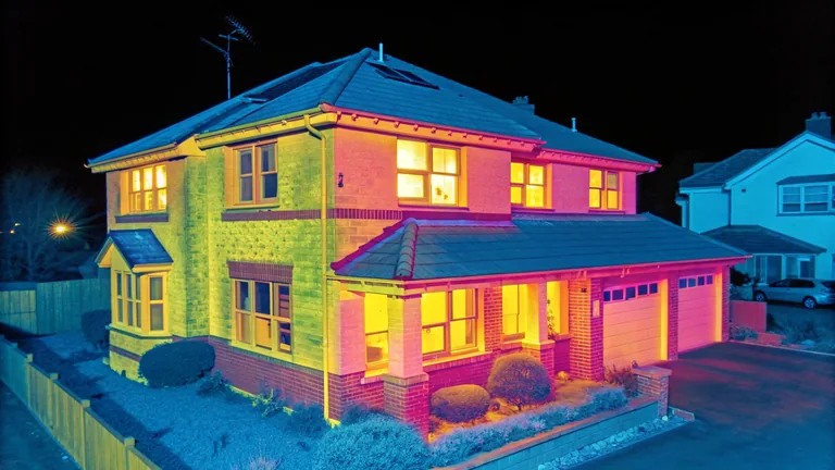 Home energy audit cost: thermal camera view of a house showing heat escaping around the windows and roofline
