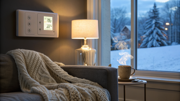 Warm living room with a thermostat in winter, showing how Connecticut energy assistance helps with heating costs