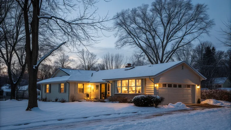 Wisconsin energy assistance: snow-covered family home with warm lights on at dusk in winter